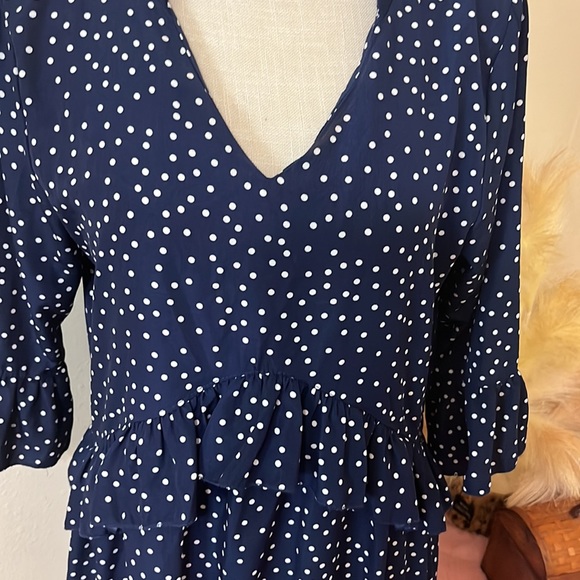 Navy & Polka Dot Tiered Ruffled Dress/ 3/4 Sleeves with Bell/Ruffled/ Size Small - Picture 4 of 9